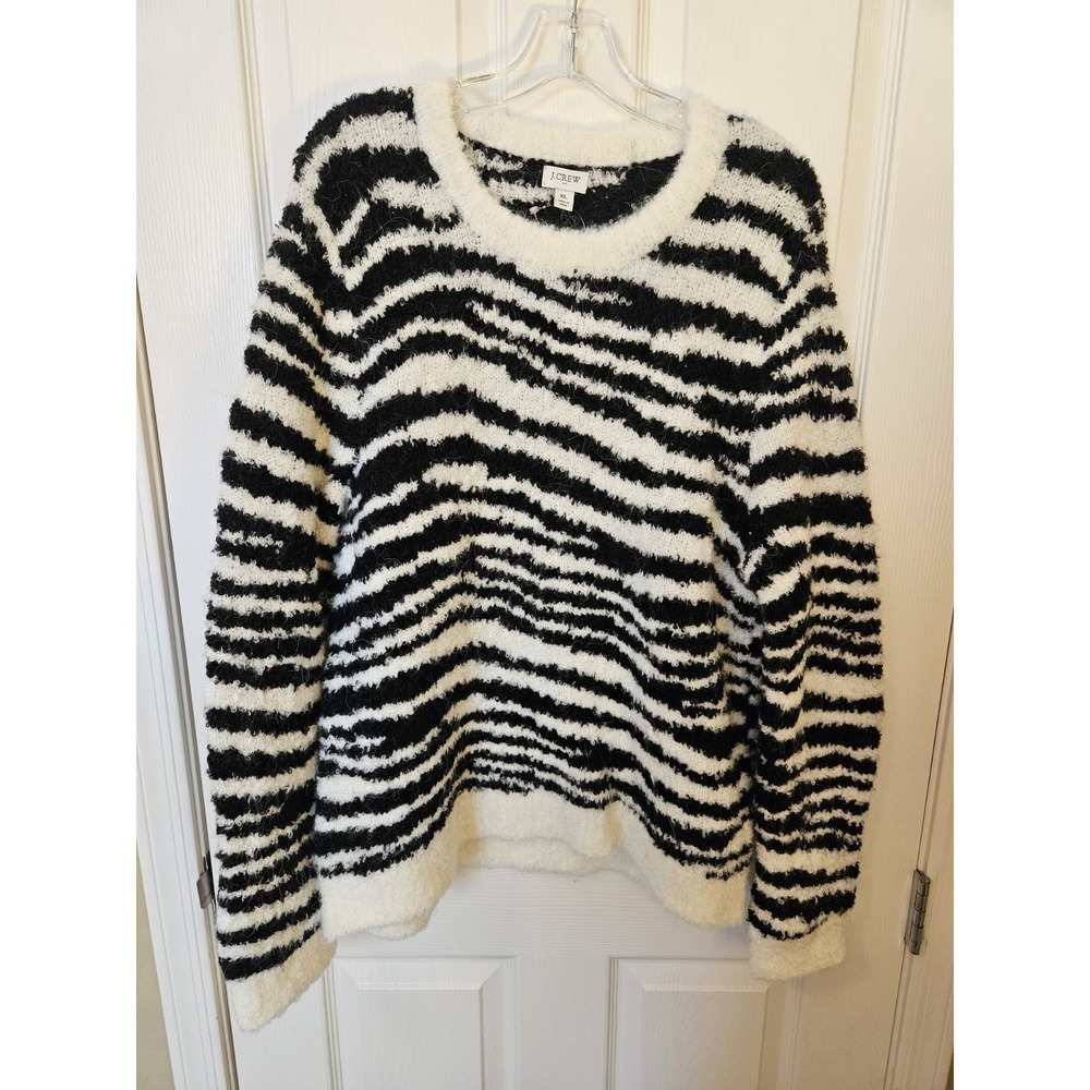 NWT J. Crew Fuzzy Black White Wool Blend Long Sleeve Striped Pullover, Sz. XL